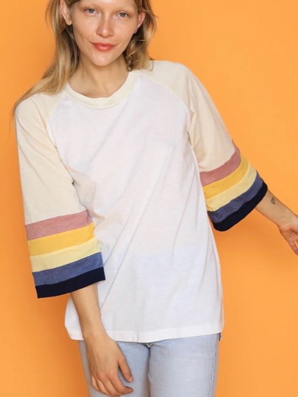 Camp Collection Yellowstone Raglan Tee with Multicolor Stripe Sleeves